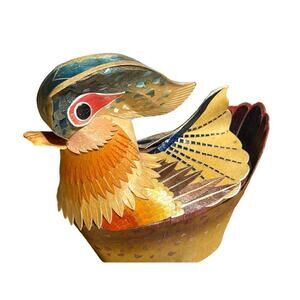 Vintage Thin Wood Mandarin Duck Trinket Box. Great Color & Detail Waterfowl.